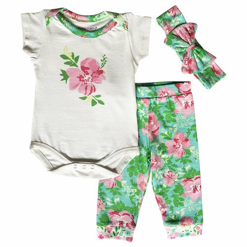 AnnLoren Baby Girls Layette Floral Onesie Pants Headband 3pc Gift Set