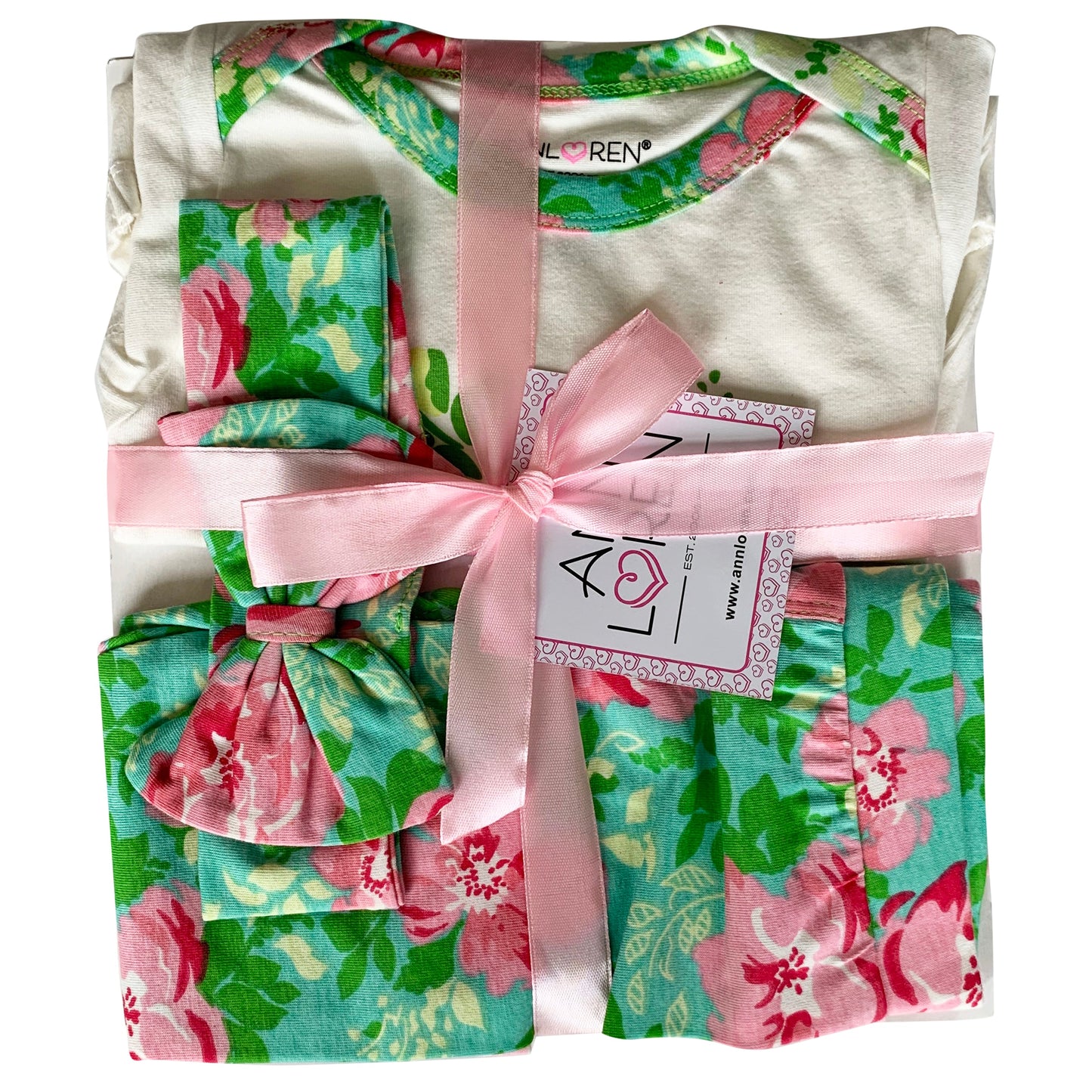 AnnLoren Baby Girls Layette Floral Onesie Pants Headband 3pc Gift Set